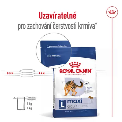 ROYAL CANIN maxi adult, uzavíratelné balení s easyopen & zipsystem pro zachování čerstvosti krmiva, freshpack protective atmosphere, velikost L, 1 kg a 4 kg