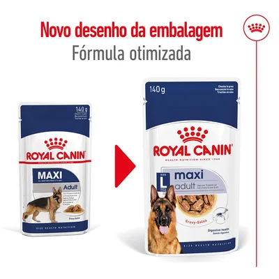 Royal Canin Maxi Adult 140 g, imagem de antes e depois do novo desenho da embalagem com texto: 'Novo desenho da embalagem. Fórmula otimizada'.