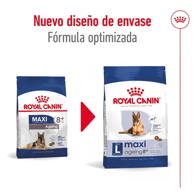 Comparativa de envases Royal Canin Maxi Ageing 8+ para perros grandes mayores, con texto: Nuevo diseño de envase. Fórmula optimizada.