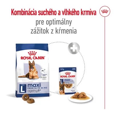 Royal Canin maxi ageing 8+ suché a vlhké krmivo pre psy 26–44 kg, kombinácia balenia. Text: Kombinácia suchého a vlhkého krmiva pre optimálny zážitok z kŕmenia.