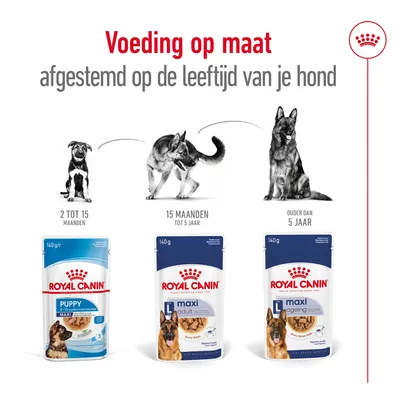 Royal Canin natvoer voor honden: Puppy 2–15 maanden, Maxi Adult 15 maanden–5 jaar, Maxi Ageing ouder dan 5 jaar. Voeding op maat afgestemd op de leeftijd van je hond.