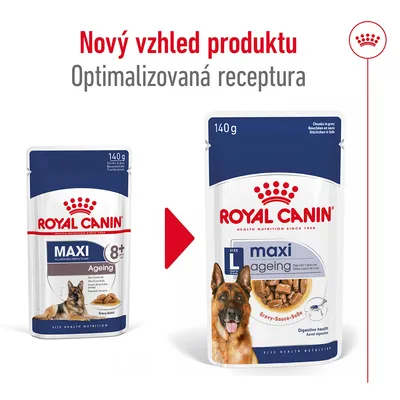 Nový vzhled produktu Royal Canin maxi Ageing 140 g, optimalizovaná receptura. Porovnání starého a nového obalu s vyobrazením psa a porcí krmiva.