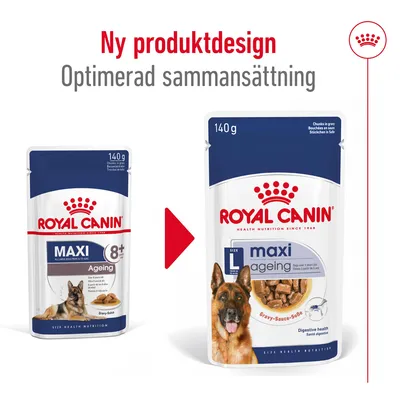 Royal Canin Maxi Ageing våtfoder 140 g, bild på gammal och ny förpackning. Text: Ny produktdesign, Optimerad sammansättning.