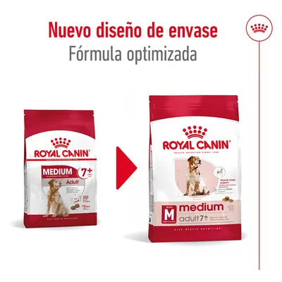 Nuevo diseño de envase Royal Canin Medium Adult 7+. Fórmula optimizada. Imagen de los dos paquetes, antiguo y nuevo, con perro en el frontal y texto visible en ambos envases.