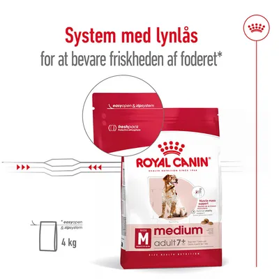 Royal Canin medium adult 7+ hundefoder, 4 kg pose med easyopen & zipsystem og freshpack. System med lynlås for at bevare friskheden af foderet. Synlig tekst på engelsk og dansk.