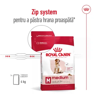 Pungă Royal Canin Medium Adult 7+ 4 kg cu sistem zip pentru păstrarea hranei proaspete. Text vizibil: easyopen & zipsystem, freshpack protective atmosphere.