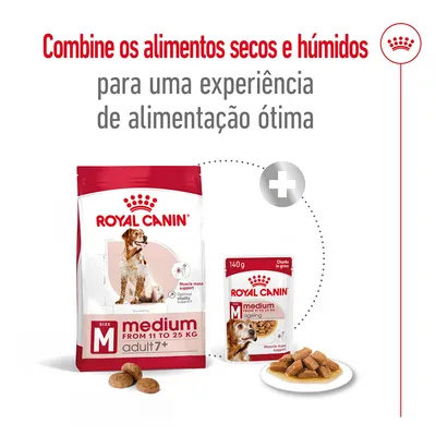 Royal Canin medium adult 7+ seco e medium ageing húmido para cães de 11 a 25 kg. Texto: Combine os alimentos secos e húmidos para uma experiência de alimentação ótima.