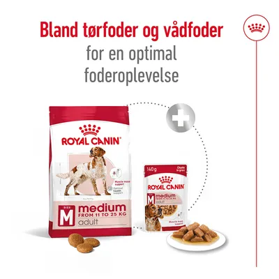 Bland tørfoder og vådfoder for en optimal foderoplevelse. Royal Canin medium adult fra 11 to 25 kg, pose og 140 g vådfoder, begge med billede af hund.