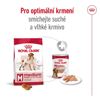 ROYAL CANIN medium adult suché krmivo 11–25 kg a vlhké krmivo, doporučení: smíchejte suché a vlhké pro optimální krmení. Viditelné granule a konzerva na talíři.