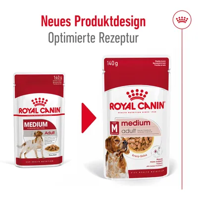 Royal Canin Medium Adult 140 g – prikaz stare in nove embalaže z napisoma 'Neues Produktdesign' in 'Optimierte Rezeptur' (nemško). Vidna pasja hrana v omaki.