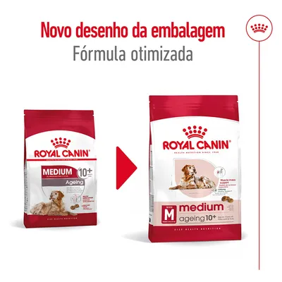 Royal Canin Medium Ageing 10+ com novo desenho de embalagem e fórmula otimizada. Imagem mostra a embalagem antiga à esquerda e a nova à direita.