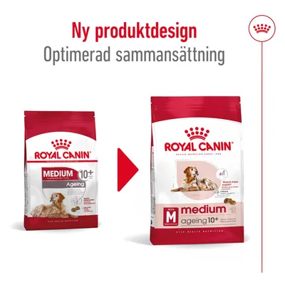 Royal Canin Medium Ageing 10+ ny produktdesign, optimerad sammansättning. Bild på gammal och ny förpackning med hundmotiv och texten 'Muscle mass support'.