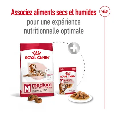 Associez aliments secs et humides pour une expérience nutritionnelle optimale. Royal Canin medium ageing 10+ de 11 à 25 kg, croquettes et sachet 140 g visibles.