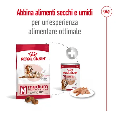 Royal Canin medium ageing 10+ secco e umido per cani da 11 a 25 kg. Testo: Abbina alimenti secchi e umidi per un’esperienza alimentare ottimale.
