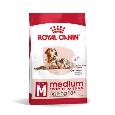 Pachet Royal Canin medium ageing 10+, pentru câini de talie medie 11–25 kg. Text vizibil: muscle mass support, lifelong vitality support, size M, from 11 to 25 kg, ageing 10+.