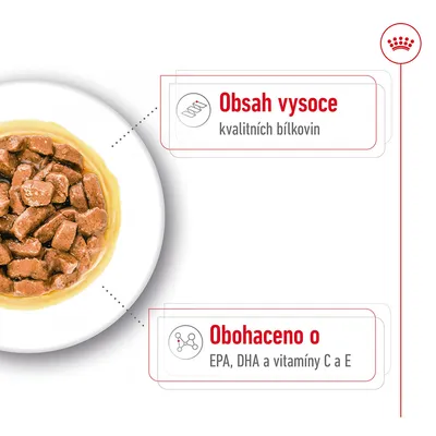 Miska s krmivem, text: Obsah vysoce kvalitních bílkovin. Obohaceno o EPA, DHA a vitamíny C a E.