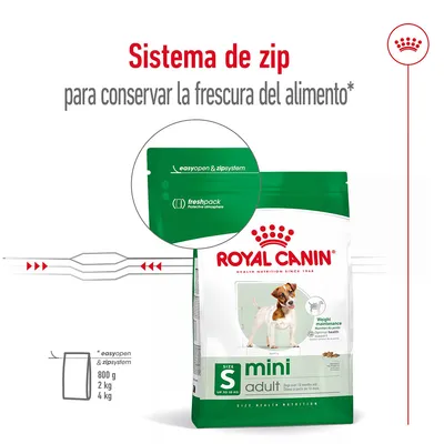 Royal Canin Mini Adult con sistema de zip para conservar la frescura. Bolsa verde, texto visible: easyopen & zipsystem, freshpack. Disponible en 800 g, 2 kg y 4 kg.