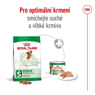 Pro optimální krmení smíchejte suché a vlhké krmivo. Royal Canin mini adult S do 10 kg – balení granulí a konzerva s masem na talíři.