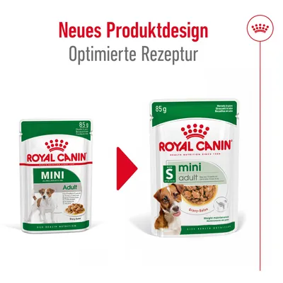 Primerjava stare in nove embalaže Royal Canin Mini Adult 85 g, z napisom 'Neues Produktdesign, Optimierte Rezeptur' v nemščini. Na novi embalaži je slika psa in poudarek na velikosti S.