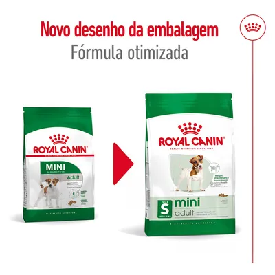 Comparação de embalagens Royal Canin Mini Adult para cães, com texto: 'Novo desenho da embalagem. Fórmula otimizada'. Mostra a transição do design antigo para o novo. Comparação de embalagens Royal Canin Mini Adult para cães, com texto: 'Novo desenho da embalagem. Fórmula otimizada'. Mostra a transição do design antigo para o novo.