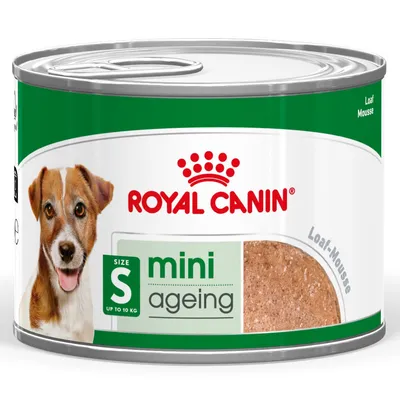 Lata de comida húmida Royal Canin mini ageing, tamanho S até 10 kg, com imagem de cão e mousse visível. Texto: 'Loaf Mousse'.