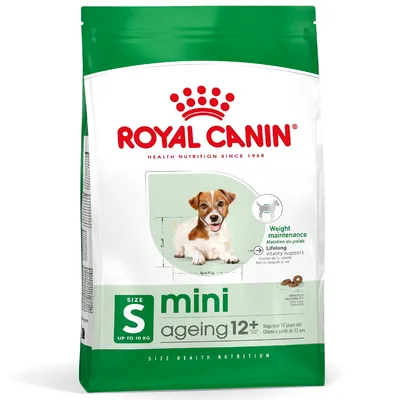 Royal Canin mini ageing 12+ hondenvoer, geschikt voor kleine honden tot 10 kg, gewichtsonderhoud, vitaliteitsondersteuning. Verpakking toont brokvorm en Engelse productinformatie.