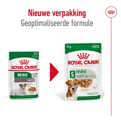Royal Canin Mini Ageing 12+ natvoer 85g: oude en nieuwe verpakking naast elkaar. Tekst: Nieuwe verpakking, Geoptimaliseerde formule.