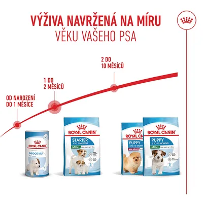 Royal Canin Babydog Milk pro 0–1 měsíc, Starter Mini pro 1–2 měsíce, Puppy Mini pro 2–10 měsíců. Časová osa krmení podle věku psa. Royal Canin Babydog Milk pro 0–1 měsíc, Starter Mini pro 1–2 měsíce, Puppy Mini pro 2–10 měsíců. Časová osa krmení podle věku psa.
