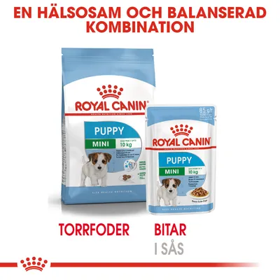 Royal Canin Puppy Mini torrfoder 10 kg och våtfoder 85 g, text: En hälsosam och balanserad kombination. Torrfoder, bitar i sås.