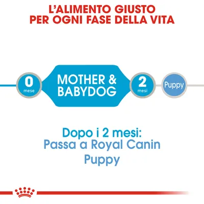 L’alimento giusto per ogni fase della vita. 0 mesi: Mother & Babydog. 2 mesi: Puppy. Dopo i 2 mesi: Passa a Royal Canin Puppy.
