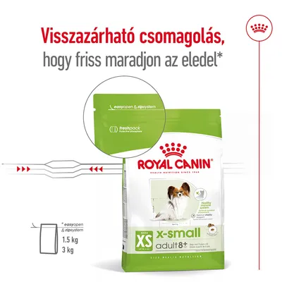 Royal Canin X-Small Adult 8+ kutyatáp visszazárható csomagolásban, easyopen & zipsystem, freshpack. Felirat: Visszazárható csomagolás, hogy friss maradjon az eledel.