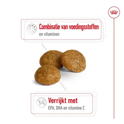 Droogvoerbrokken met tekst: 'Combinatie van voedingsstoffen en vitaminen' en 'Verrijkt met EPA, DHA en vitamine C'.