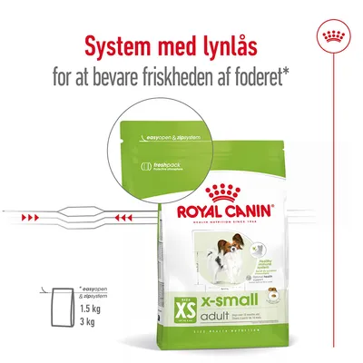 Royal Canin x-small adult hundefoder med easyopen & zipsystem, freshpack. System med lynlås for at bevare friskheden af foderet. Fås i 1,5 kg og 3 kg poser.