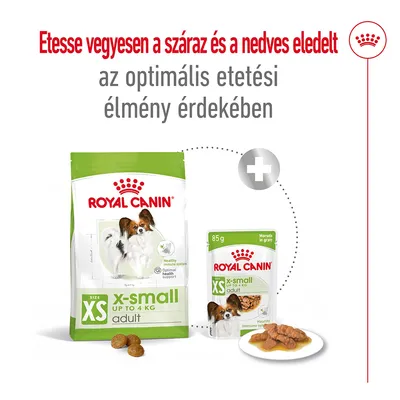 Royal Canin x-small adult száraz és nedves eledel csomagolás, felirat: Etess vegyesen a száraz és a nedves eledelt az optimális etetési élmény érdekében Royal Canin x-small adult száraz és nedves eledel csomagolás, felirat: Etess vegyesen a száraz és a nedves eledelt az optimális etetési élmény érdekében