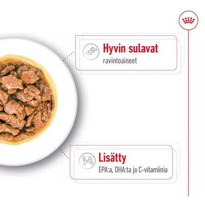 Hyvin sulavat ravintoaineet. Lisätty EPA:ta, DHA:ta ja C-vitamiinia. Kuvassa lautasella kastikkeessa olevia lihapaloja.