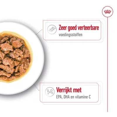 Bord natvoer met tekst: Zeer goed verteerbare voedingsstoffen. Verrijkt met EPA, DHA en vitamine C.