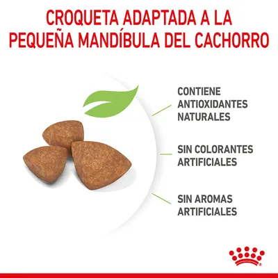 Croqueta adaptada a la pequeña mandíbula del cachorro. Contiene antioxidantes naturales, sin colorantes artificiales, sin aromas artificiales. Tres croquetas visibles.