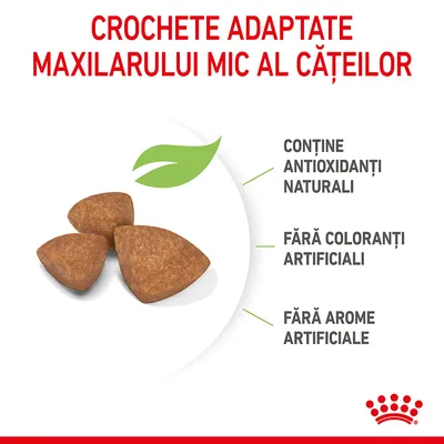Crochete adaptate maxilarului mic al cățeilor. Conține antioxidanți naturali, fără coloranți artificiali, fără arome artificiale. Imagine cu trei crochete triunghiulare.