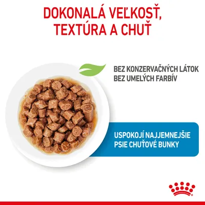 Dokonalá veľkosť, textúra a chuť. Bez konzervačných látok, bez umelých farbív. Uspokojí najjemnejšie psie chuťové bunky. Miska s kúskami krmiva v omáčke.