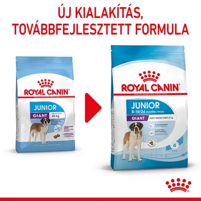 Royal Canin Junior Giant kutyatáp régi és új csomagolása. Felirat: Új kialakítás, továbbfejlesztett formula. Új csomagon: 8–18/24 months, adult weight over 45 kg.