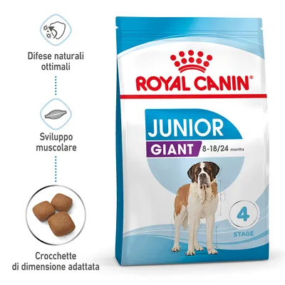Royal Canin Junior Giant 8–18/24 months, difese naturali ottimali, sviluppo muscolare, crocchette di dimensione adattata, confezione con cane grande e numero 4 stage.