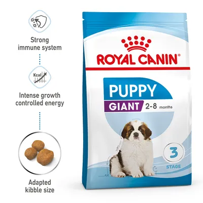 Puppy food for giant breeds, 2-8 months. Features: strong immune system support, intense growth controlled energy, adapted kibble size. Stage 3.