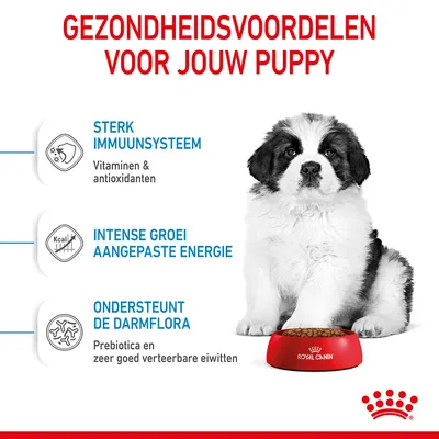 Gezondheidsvoordelen voor jouw puppy: sterk immuunsysteem met vitaminen en antioxidanten, intense groei aangepaste energie, ondersteunt de darmflora met prebiotica en verteerbare eiwitten.