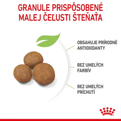 Granule prispôsobené malej čeľusti šteňaťa. Obsahuje prírodné antioxidanty, bez umelých farbív a príchutí. Zobrazené tri okrúhle granule.