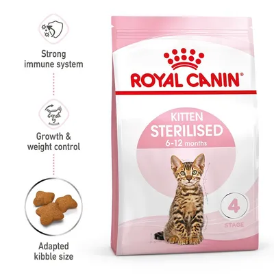 Royal Canin Kitten Sterilised 6–12 months, bild på kattunge, text: Strong immune system, Growth & weight control, Adapted kibble size, förpackning med foderbitar och siffra 4 Stage.