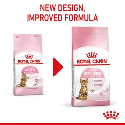 Royal Canin Kitten Sterilised 6–12 months, två förpackningar med olika design. Text: New design, improved formula.