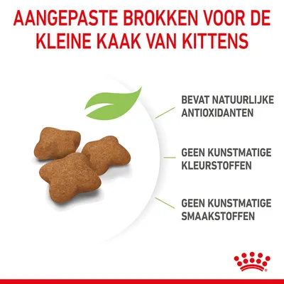 Aangepaste brokken voor de kleine kaak van kittens. Bevat natuurlijke antioxidanten, geen kunstmatige kleurstoffen, geen kunstmatige smaakstoffen.