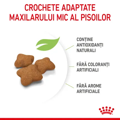 Crochete adaptate maxilarului mic al pisoilor. Conține antioxidanți naturali, fără coloranți artificiali, fără arome artificiale. Imagine cu trei crochete maro.