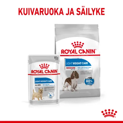 Royal Canin Light Weight Care -kuivaruoka ja säilyke koirille. Pakkauksissa tekstiä: Medium, Helps Limit Weight Gain, 80 % proven results. Ylhäällä teksti: Kuivaruoka ja säilyke.