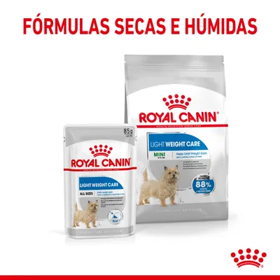 Royal Canin Light Weight Care para cães, embalagem seca e húmida. Texto visível: FÓRMULAS SECAS E HÚMIDAS, MINI, ALL SIZES, 85 g, ajuda a limitar o aumento de peso.